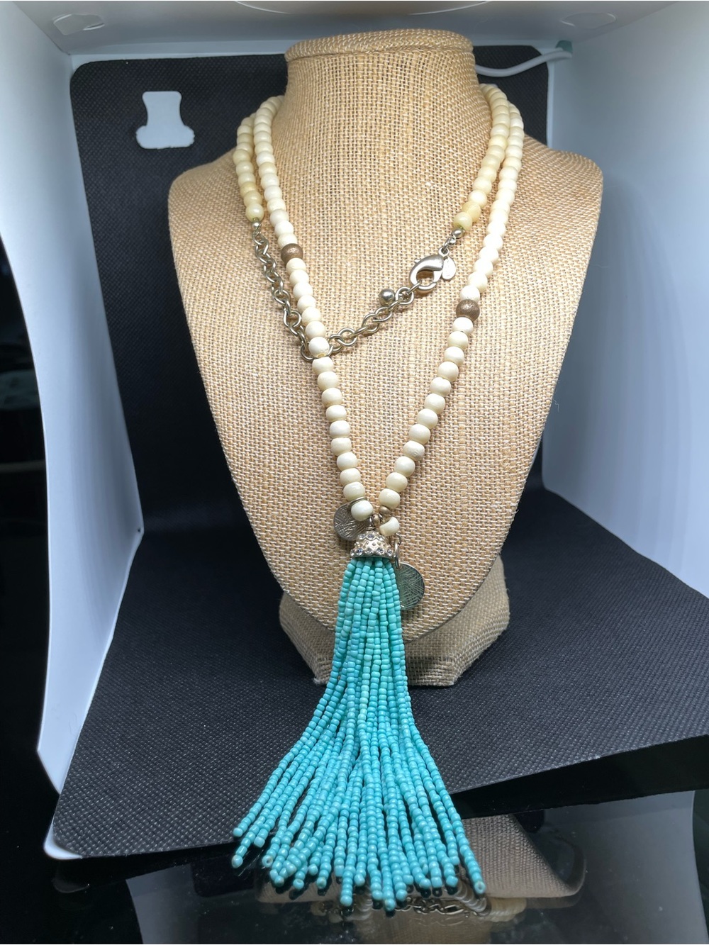 Chico's Cream Beaded Necklace with Turquoise Tassel